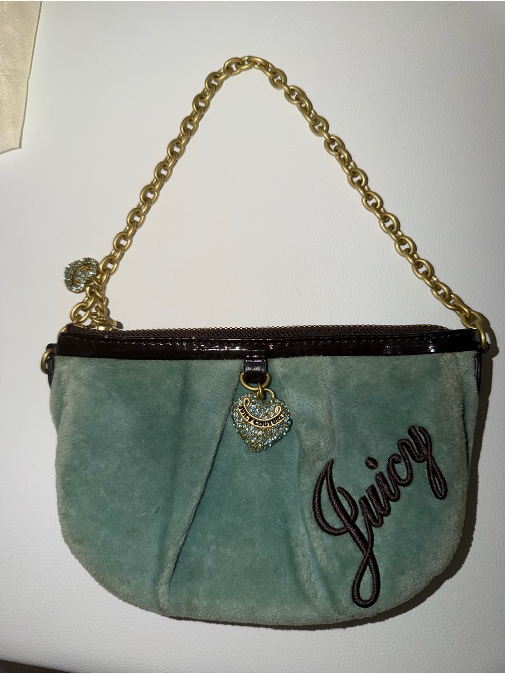 Vintage & Rare Juicy Couture Mint Green Velvet Gold Chain Mini Purse